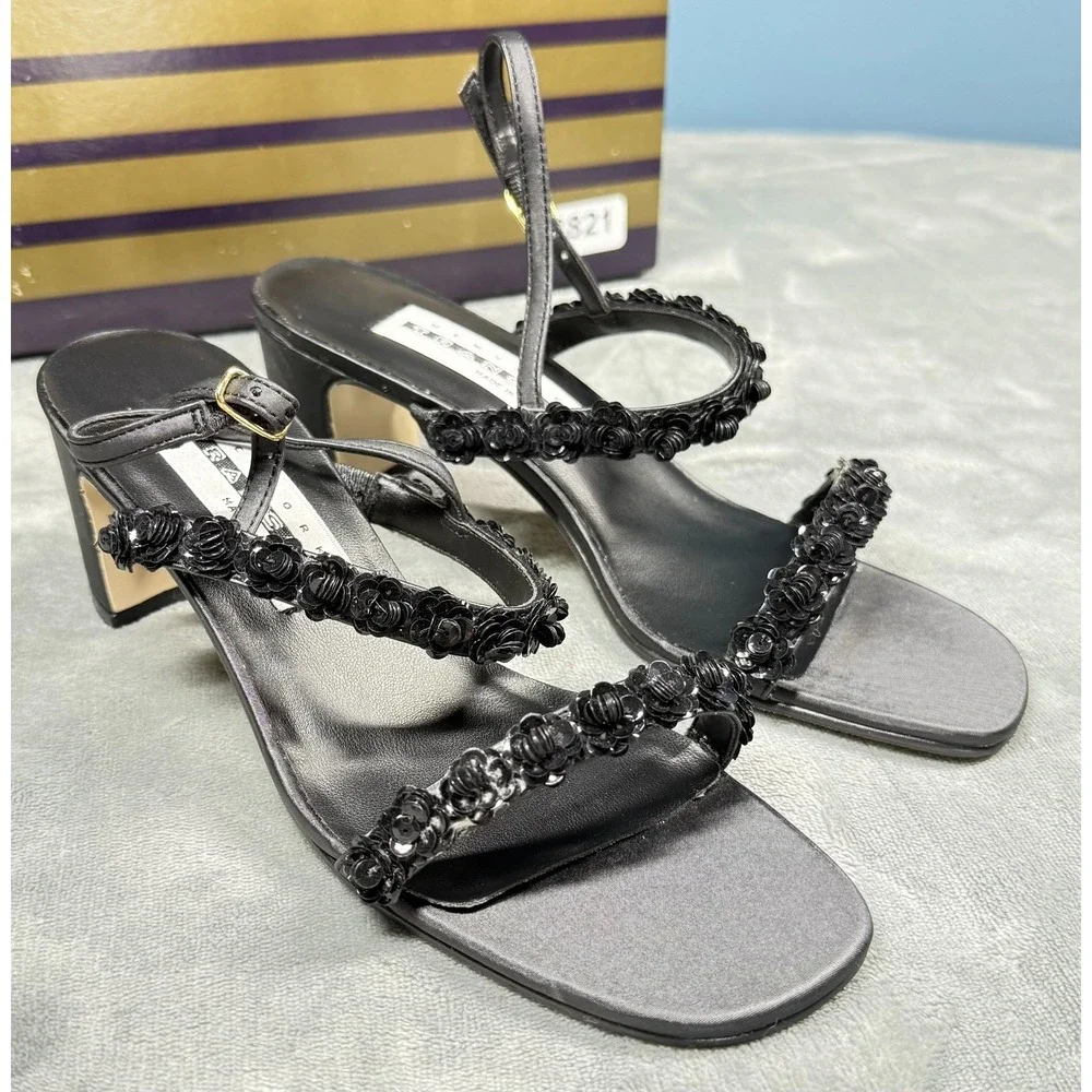 Transit New York Womens 7M Black Sequin Floral Sandals Block Heel